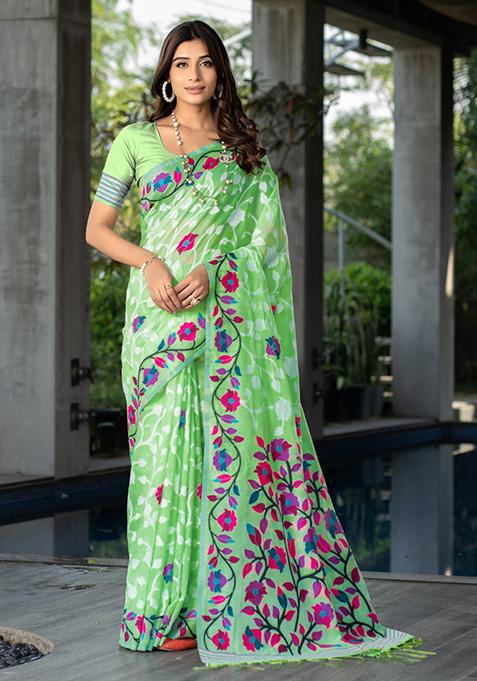 Green Floral Woven Design Cotton Saree Set