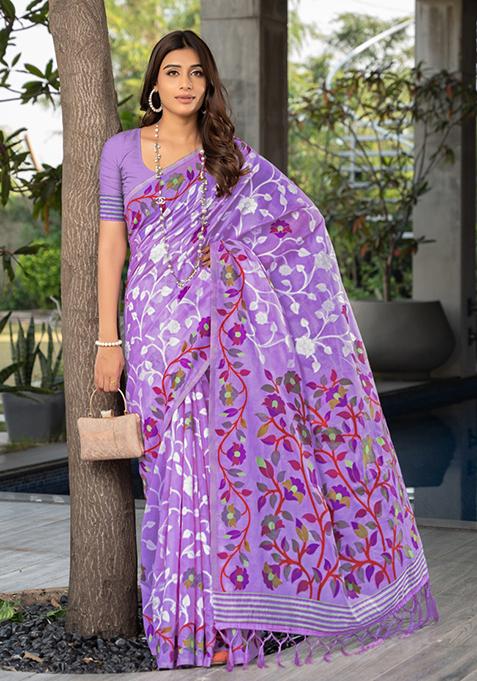 Lavender Floral Woven Design Cotton Saree Set