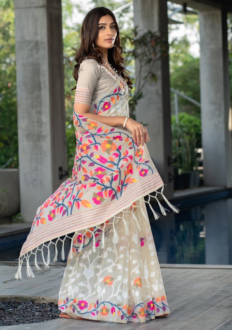 Off White Floral Woven Design Cotton Saree Set