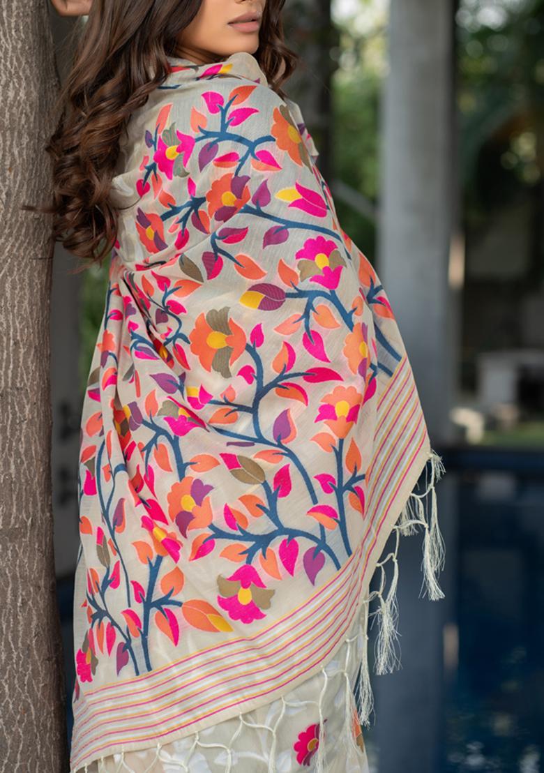 Off White Floral Woven Design Cotton Saree Set