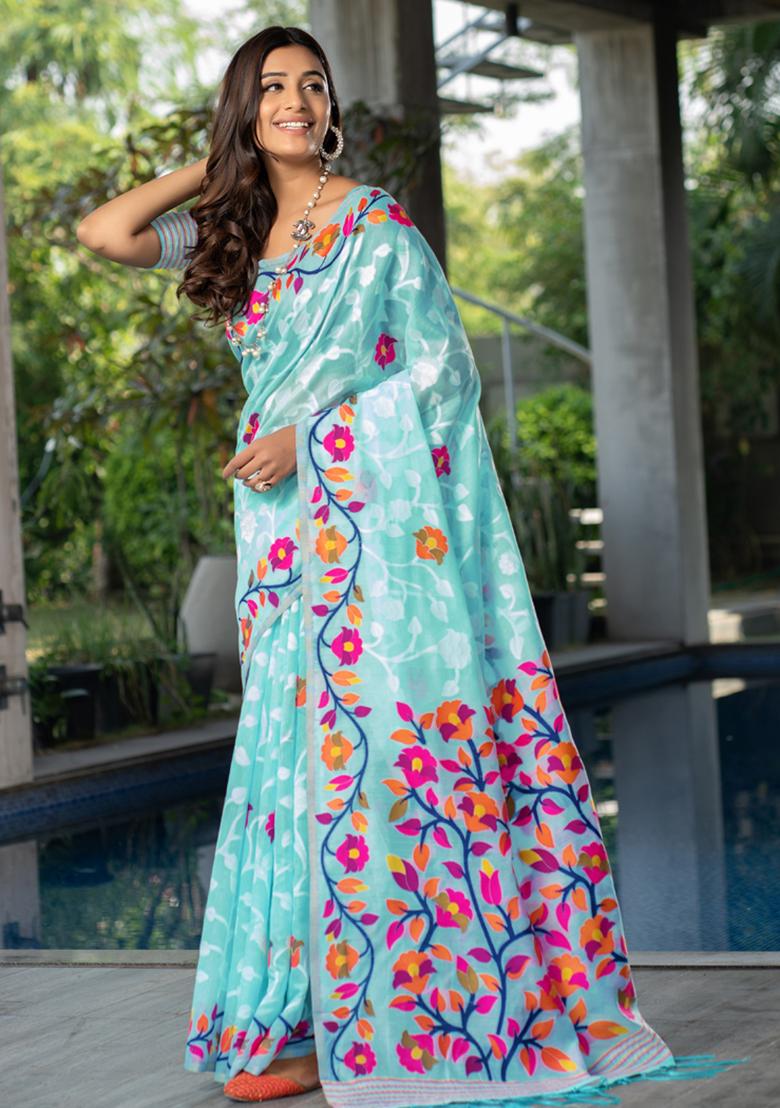 Blue Floral Woven Design Cotton Saree Set