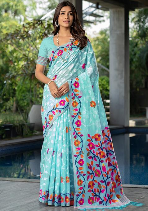 Blue Floral Woven Design Cotton Saree Set