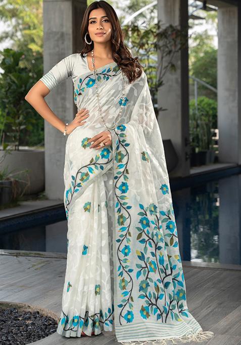 White Floral Woven Design Cotton Saree Set