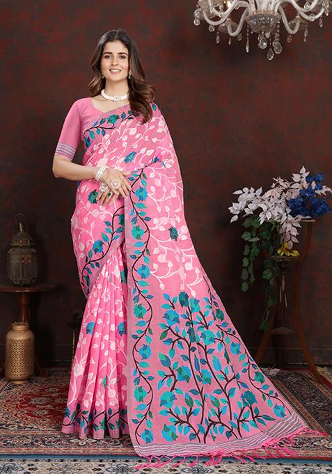 Pink Floral Woven Design Cotton Saree Set