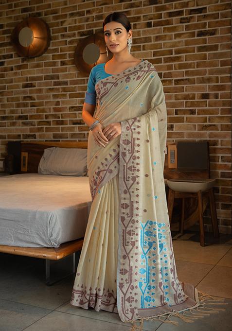 Blue Woven Design Cotton Saree Set