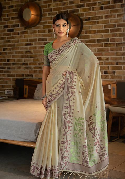 Green Woven Design Cotton Saree Set