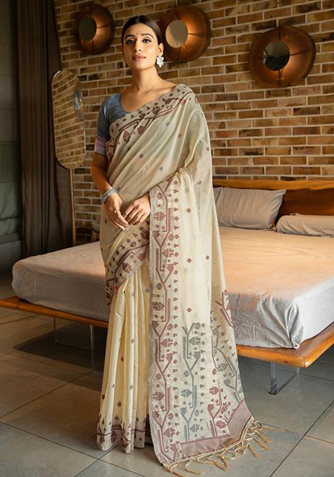 Grey Woven Design Cotton Saree Set