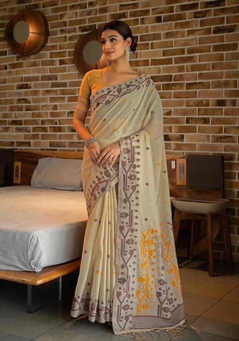 Mustard Woven Design Cotton Saree Set