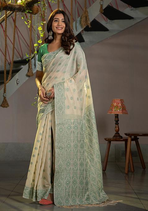 Green Woven Design Cotton Saree Set