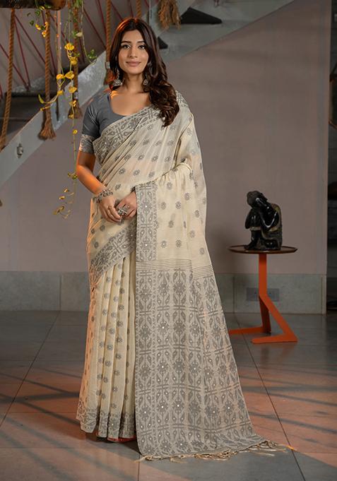 Grey Woven Design Cotton Saree Set