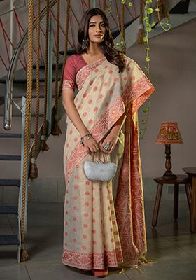 Red Woven Design Cotton Saree Set