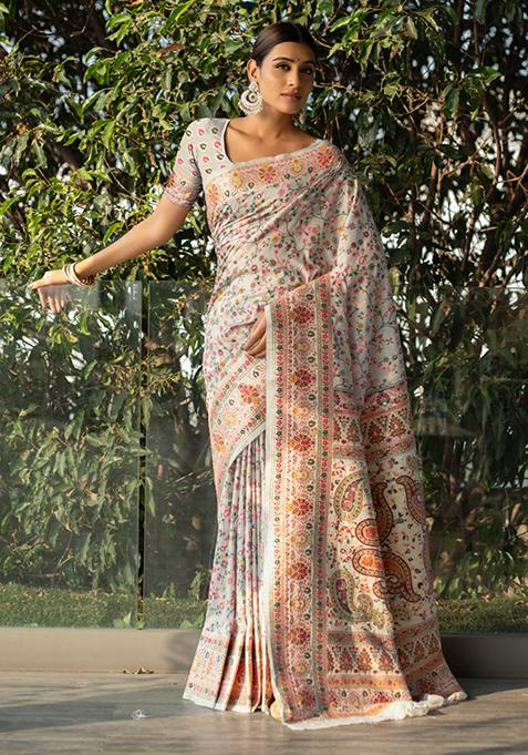 Off White Floral Woven Design Soft Modal Silk Saree Set