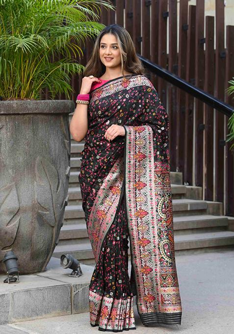 Black Floral Woven Design Soft Modal Silk Saree Set