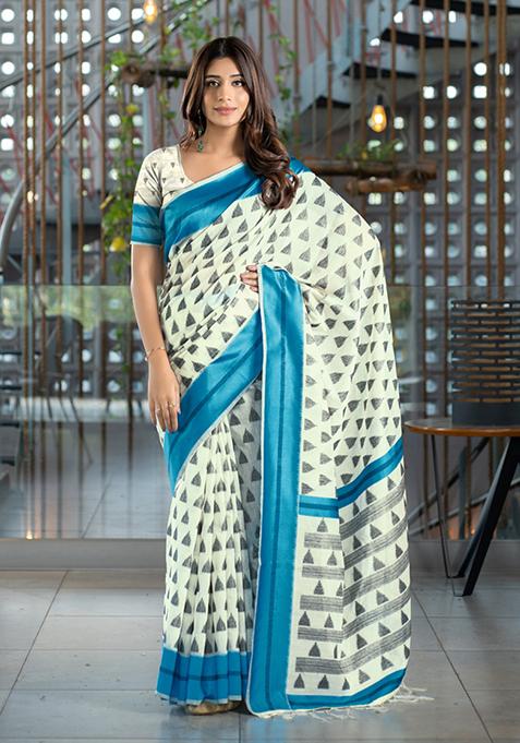 Blue Woven Design Soft Cotton Saree Set