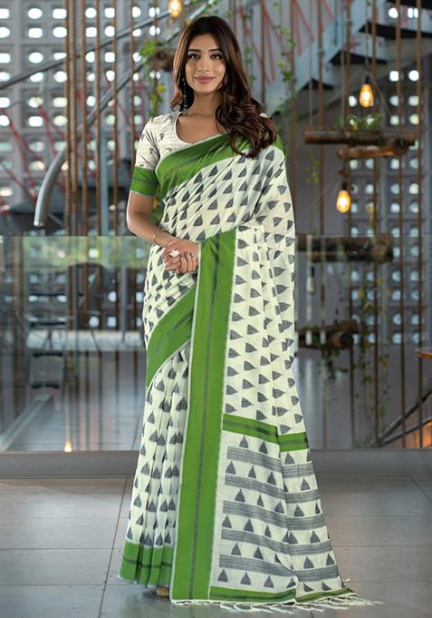 Green Woven Design Soft Cotton Saree Set