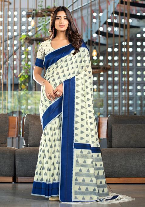 Navy Blue Woven Design Soft Cotton Saree Set