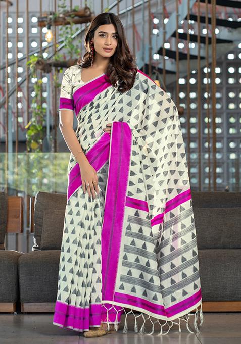 Pink Woven Design Soft Cotton Saree Set