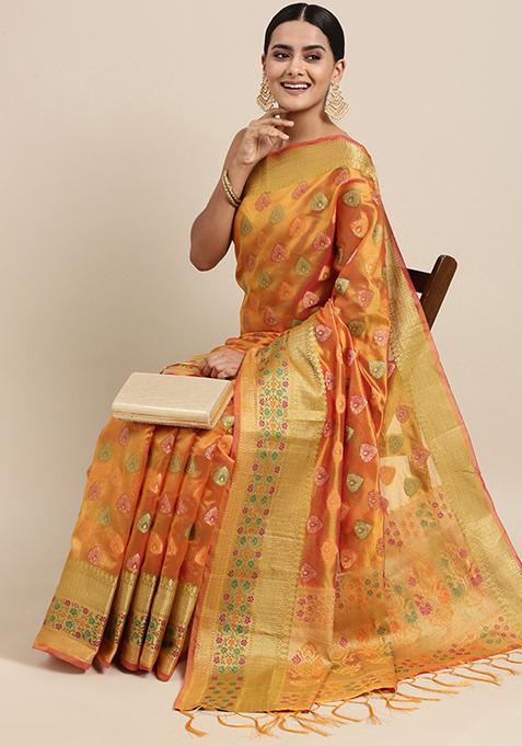 Mustard Zari Woven Design Organza Silk Saree Set