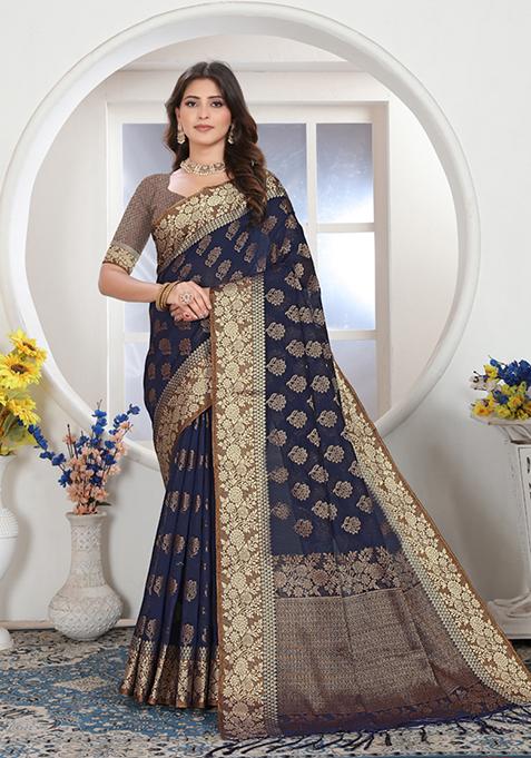 Navy Blue Zari Woven Design Chanderi Cotton Saree Set