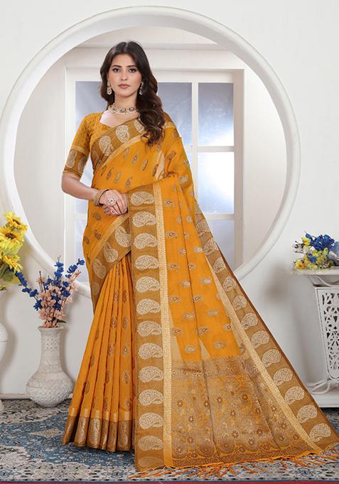 Mustard Zari Woven Design Chanderi Cotton Saree Set