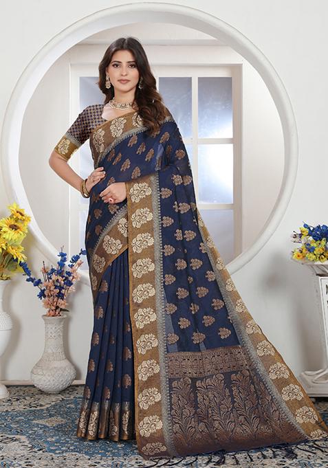 Navy Blue Zari Woven Design Chanderi Cotton Saree Set