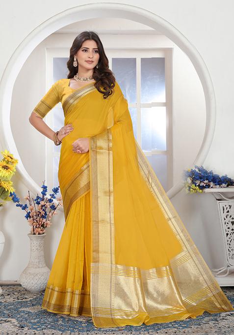 Yellow Floral Woven Design Organza Silk Saree Set