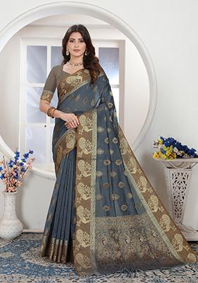 Grey Zari Woven Design Chanderi Cotton Saree Set