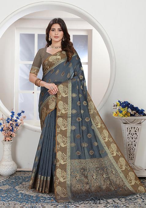 Grey Zari Woven Design Chanderi Cotton Saree Set