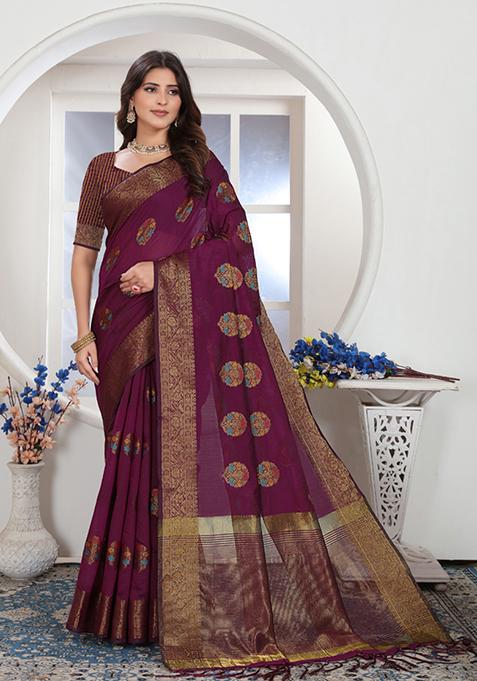 Wine Zari Woven Design Chanderi Cotton Saree Set