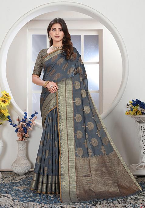 Grey Zari Woven Design Chanderi Cotton Saree Set