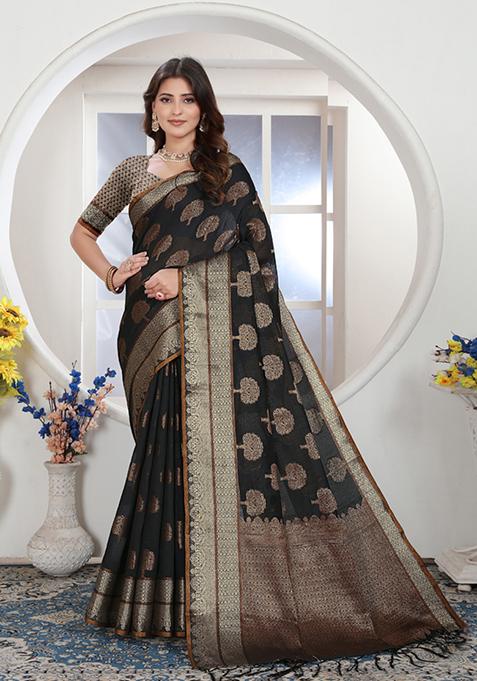 Black Zari Woven Design Chanderi Cotton Saree Set