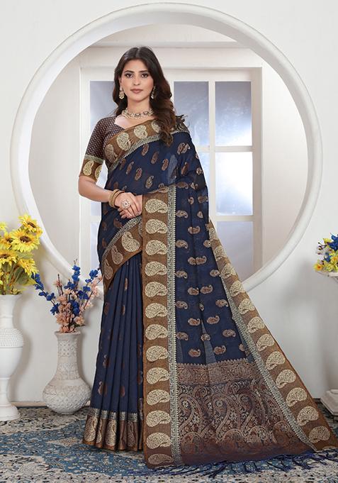 Navy Blue Zari Woven Design Chanderi Cotton Saree Set