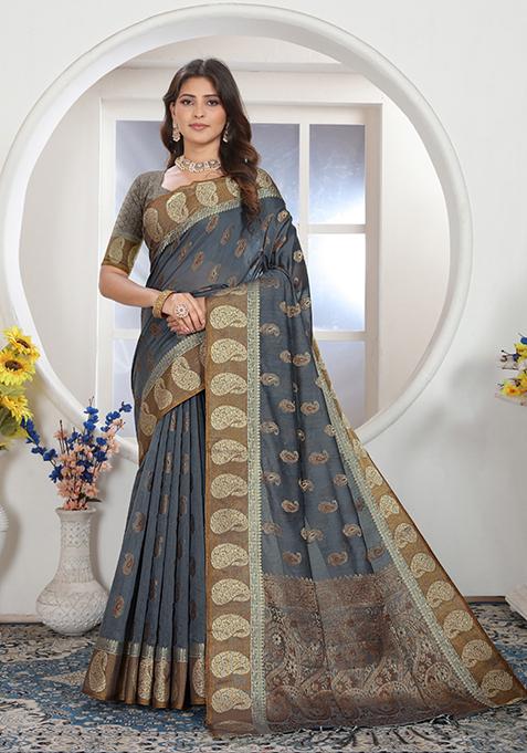 Grey Zari Woven Design Chanderi Cotton Saree Set