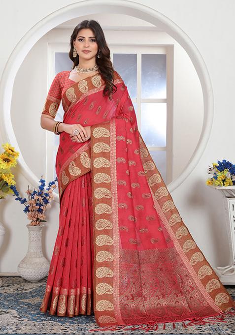 Pink Zari Woven Design Chanderi Cotton Saree Set