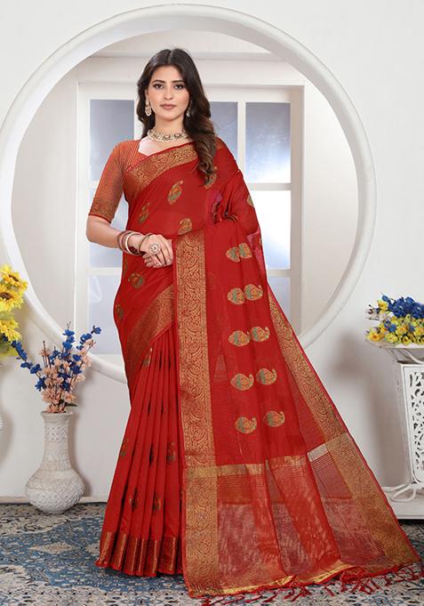 Red Zari Woven Design Chanderi Cotton Saree Set