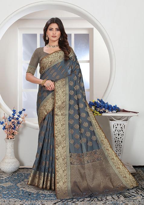 Grey Zari Woven Design Chanderi Cotton Saree Set