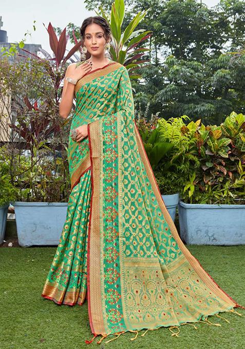 Sea Green Zari Woven Design Organza Silk Saree Set