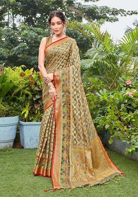 Grey Zari Woven Design Organza Silk Saree Set