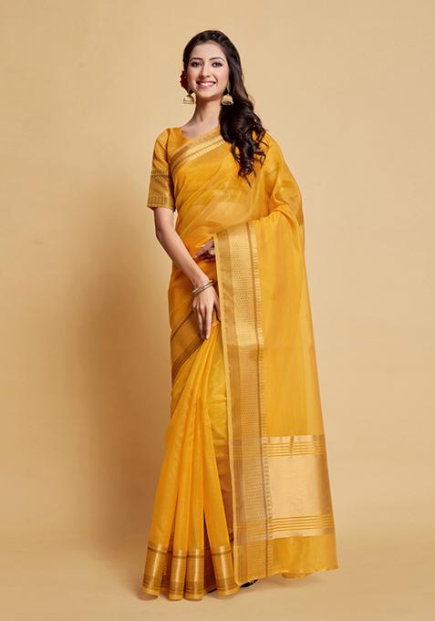 Yellow Zari Design Organza Silk Saree Set