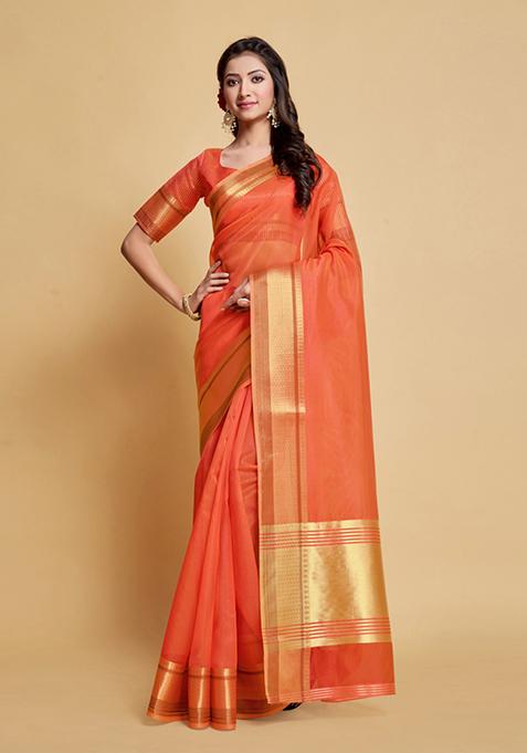 Peach Zari Design Organza Silk Saree Set