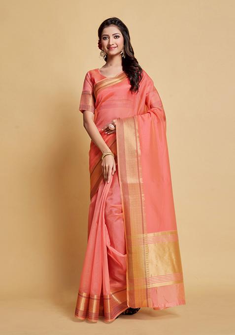 Pink Zari Design Organza Silk Saree Set