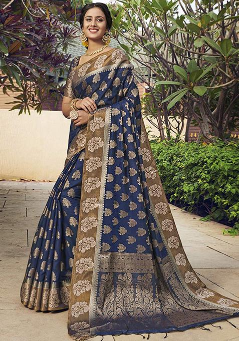 Navy Blue Zari Woven Design Chanderi Cotton Saree Set