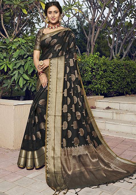 Black Zari Woven Design Chanderi Cotton Saree Set