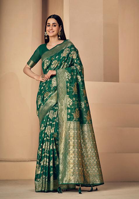 Dark Green Zari Woven Design Linen Saree Set