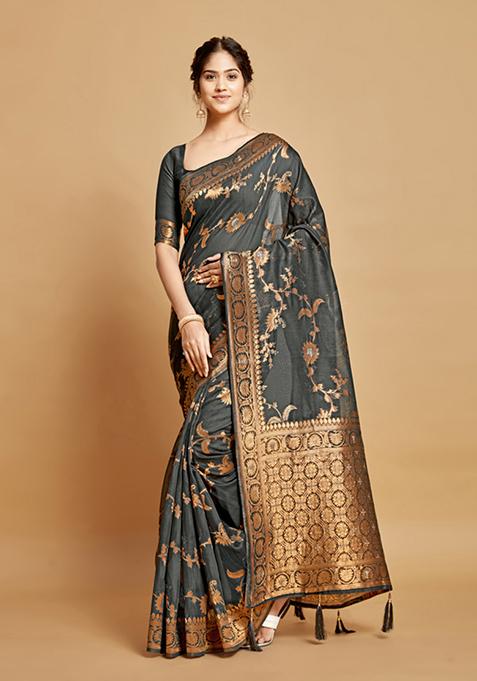 Grey Zari Woven Design Linen Saree Set