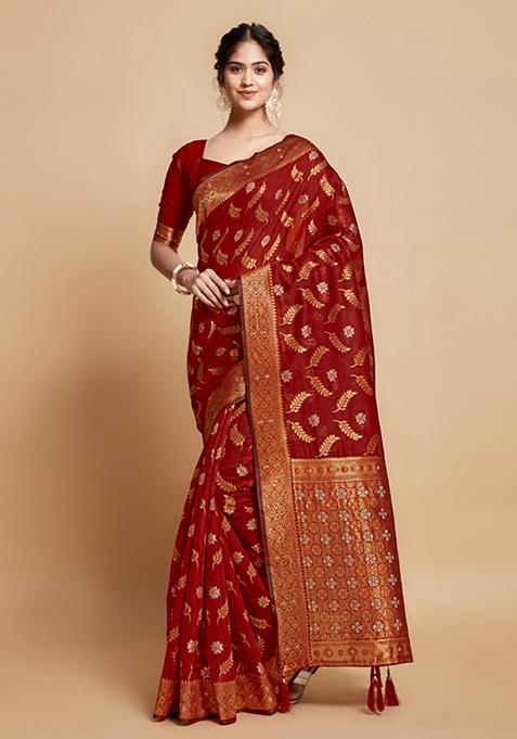 Maroon Zari Woven Design Linen Saree Set