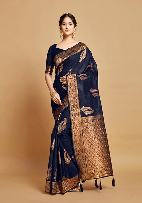 Navy Blue Zari Woven Design Linen Saree Set