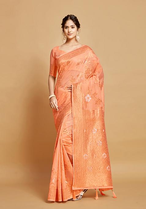 Peach Zari Woven Design Linen Saree Set