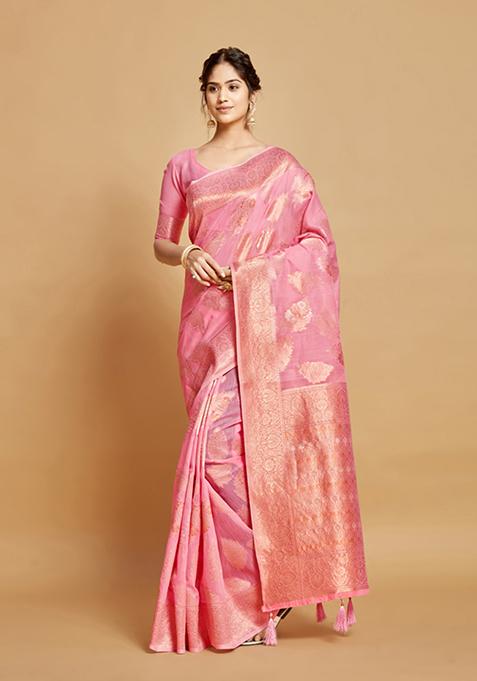 Pink Zari Woven Design Linen Saree Set