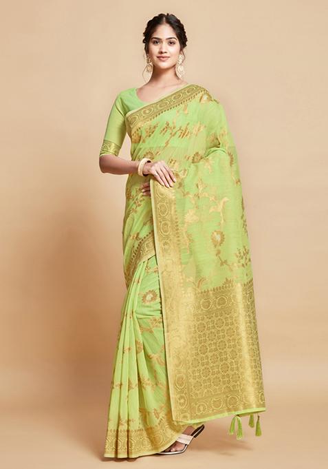 Green Zari Woven Design Linen Saree Set